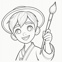 Black-and-white outline of a young artist wearing a hat and holding a brush