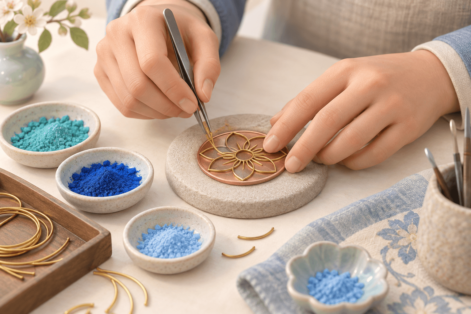 Hands arranging metal wire into petal compartments as traditional craft inspiration