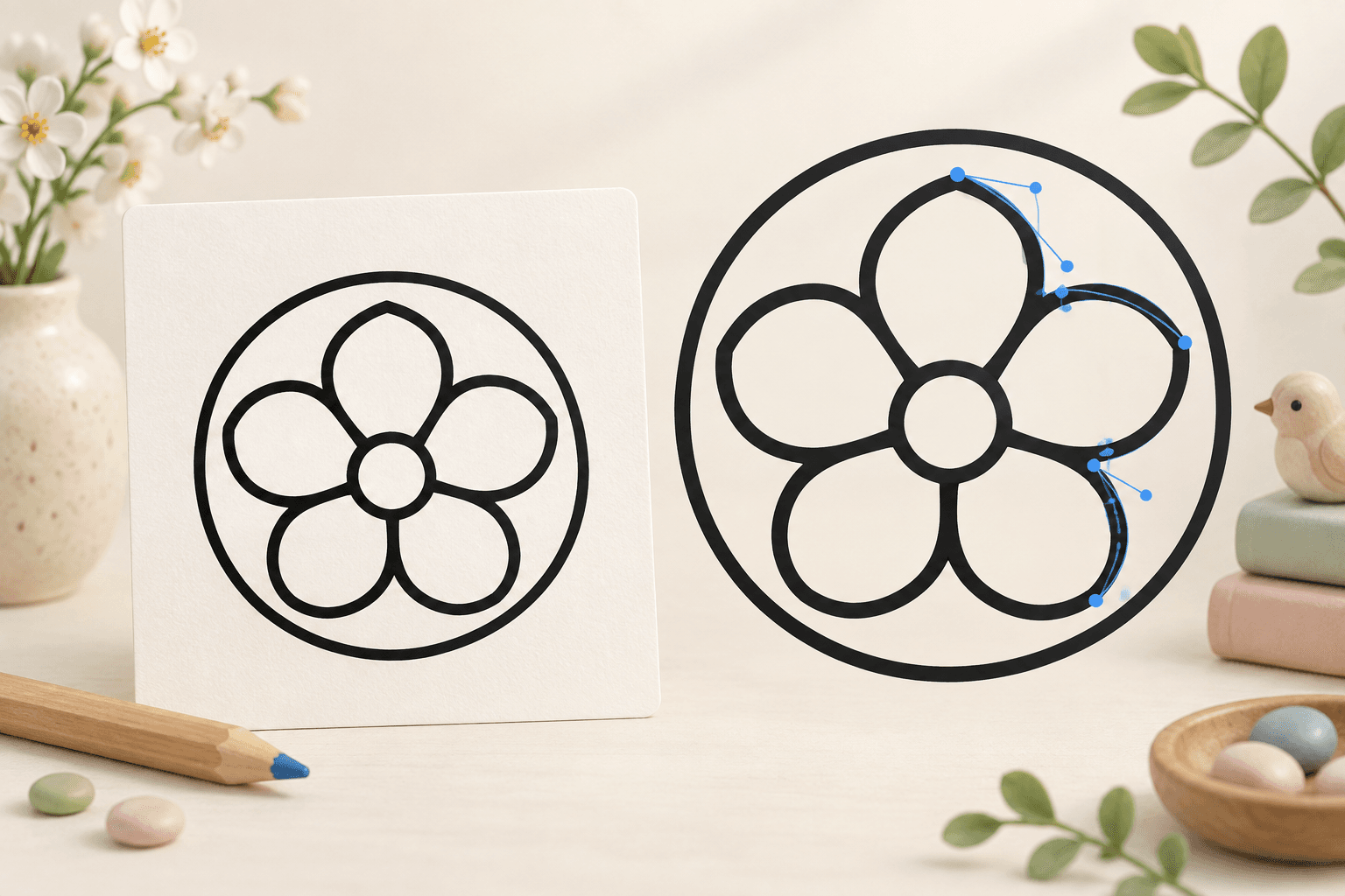 Ready-made outlines are traced directly. Other pictures are redesigned into compartments first.