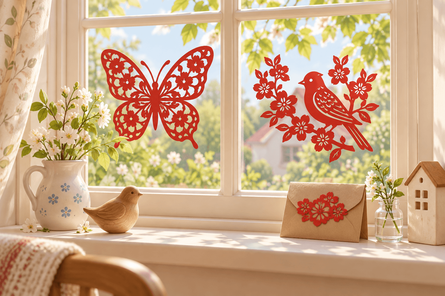 Red butterfly and bird openwork decorations on a window and beside a gift envelope